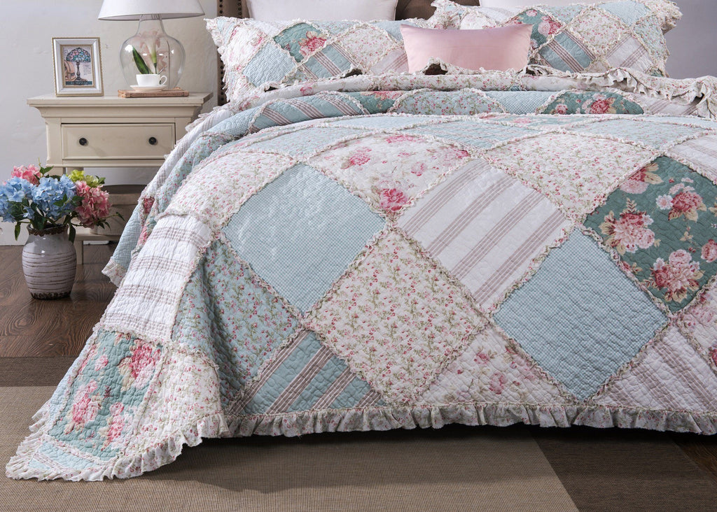 DaDa Bedding Hint of Mint Floral Pastel Cotton Patchwork Ruffle