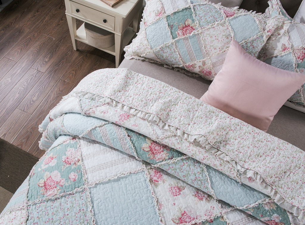 DaDa Bedding Hint of Mint Floral Pastel Cotton Patchwork Ruffle