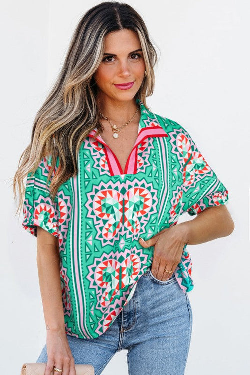 Kamiyah Boho Abstract Striped Collared V Neck Blou