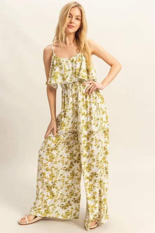 HYFVE Floral Print Spaghetti Strap Wide Leg Jumpsuit