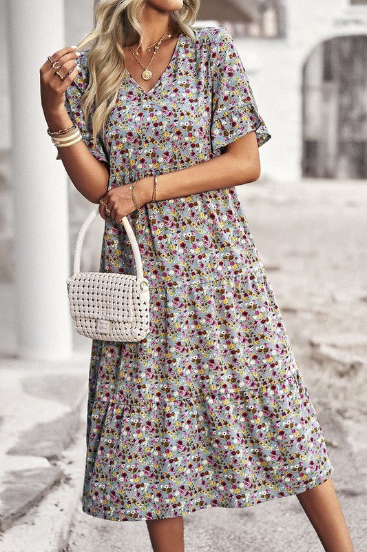 Boho Floral Ruffle Hem V Neck Short Sleeve Dress