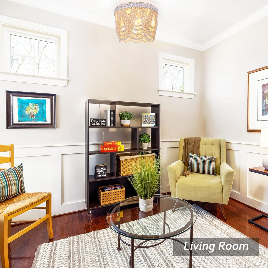 Wood Beaded Flush Mount Ceiling Light 3 Light Boho Antique