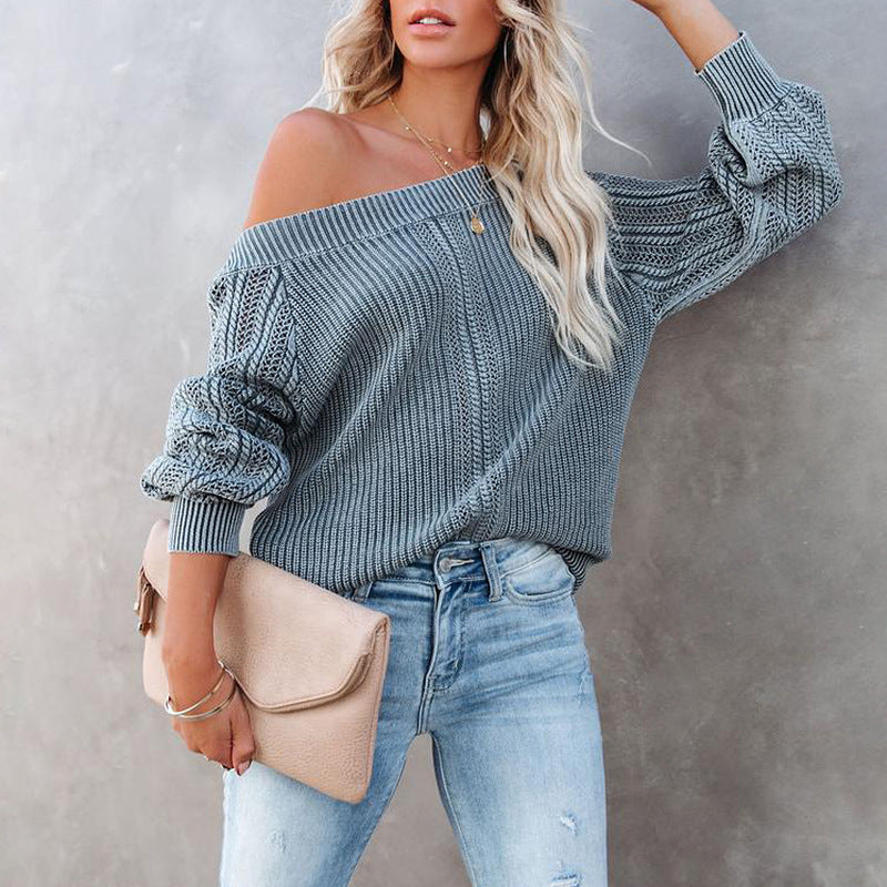 Solid Color Loose V-neck Lantern Long Sleeve Sweater