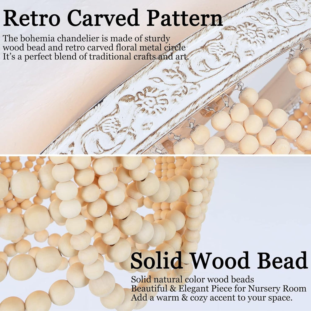 Wood Beaded Flush Mount Ceiling Light 3 Light Boho Antique