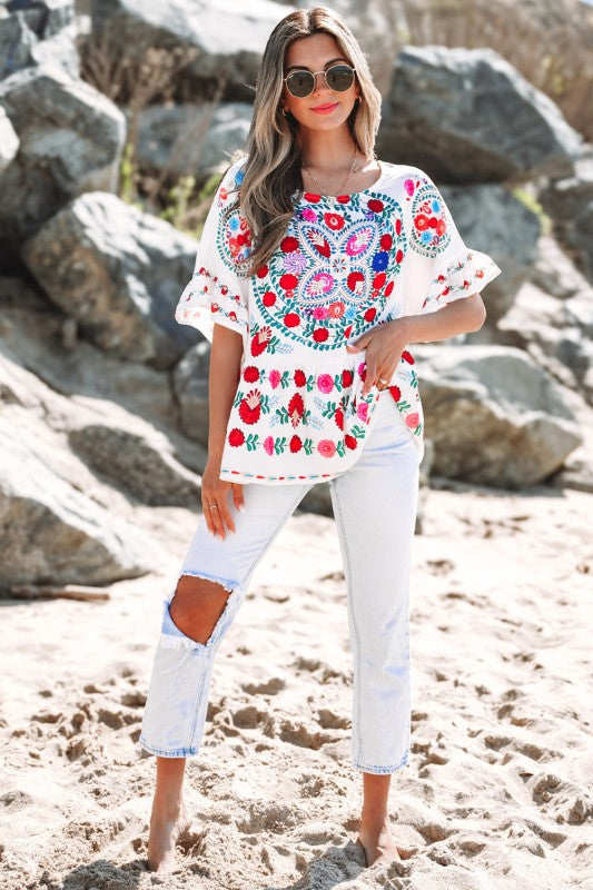 Selene Boho Floral Ruffle Trim Blouse