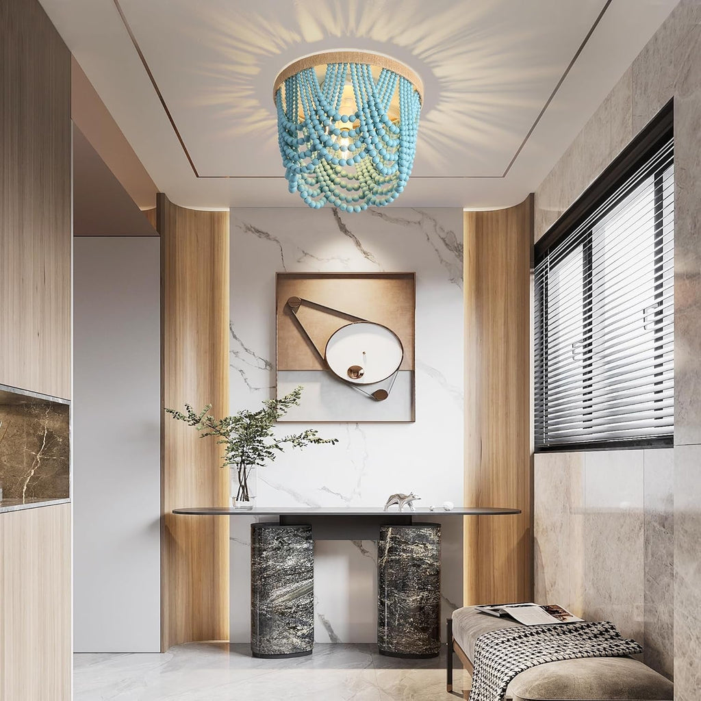 Boho Wood Bead Chandelier 3 Light Fixture Blue 12.6x9.3 In