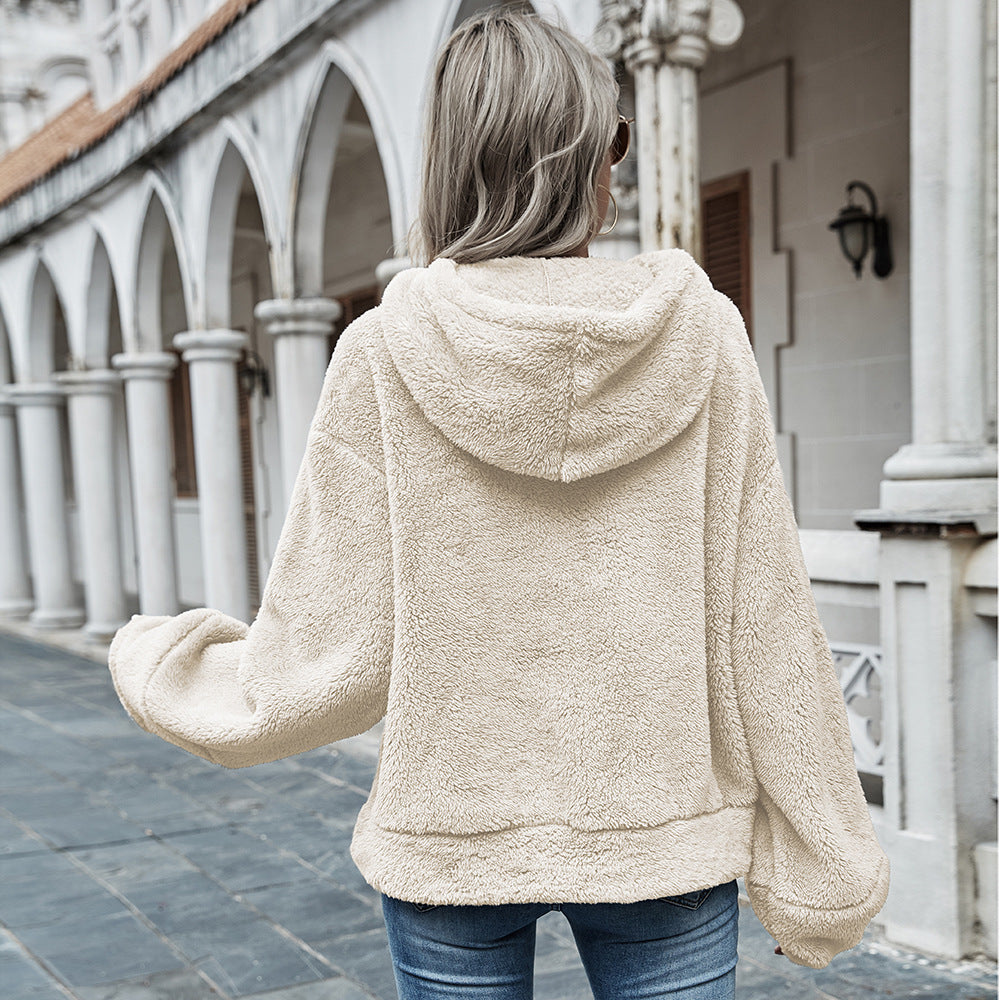 Hooded Solid Color Plush Loose Sweater - Women Sweater