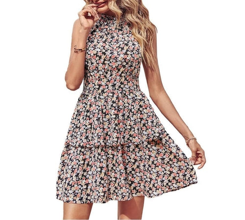 Summer Printed Halter Dress Fashion Boho Backless Ruffled A-Line Beach