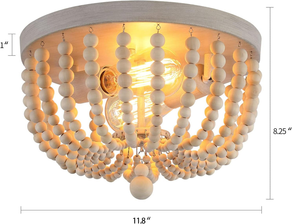 Boho Wood Beaded Flush Mount Chandelier Oak Finish 2 Lights