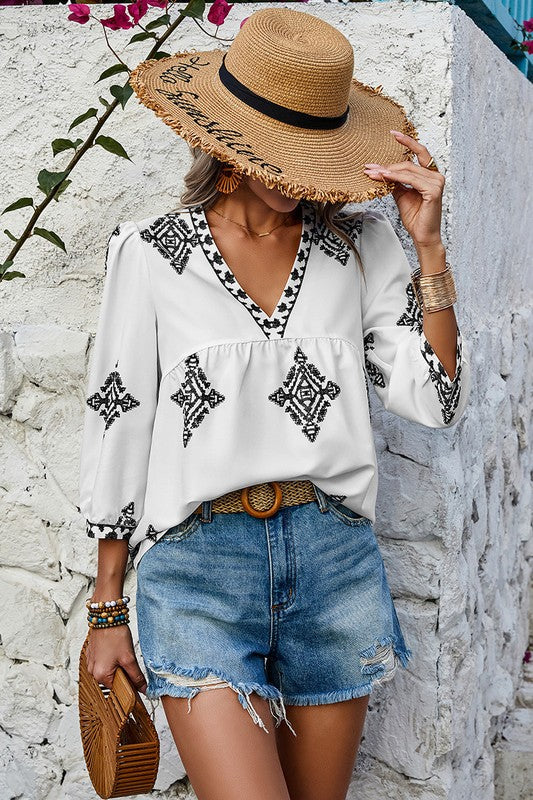 Printed T Shirt V Neck Loose Puff Sleeves Shirts