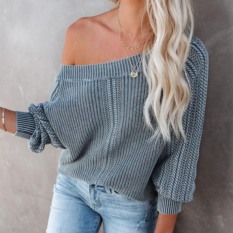 Solid Color Loose V-neck Lantern Long Sleeve Sweater