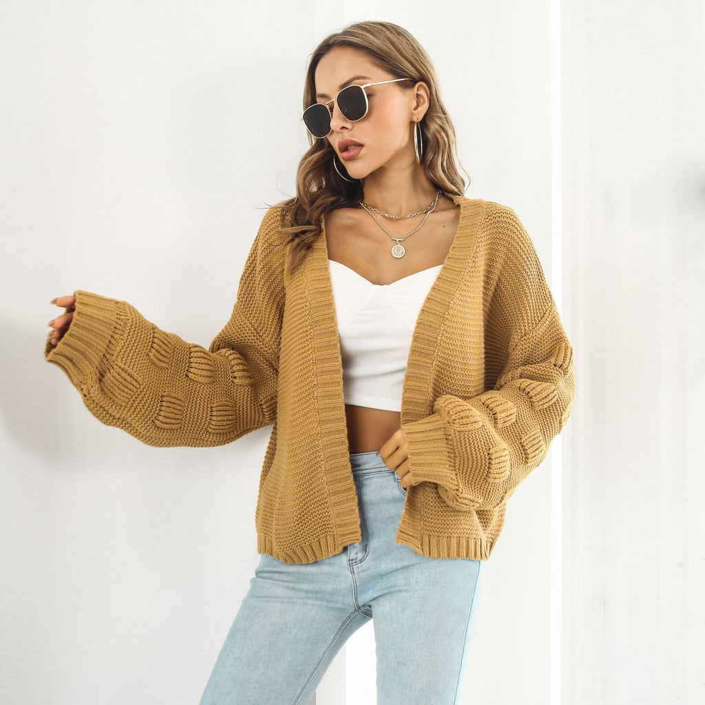 Puff Sleeve Cardigan Sweater - Women Clothes Front Chunky Knitwear