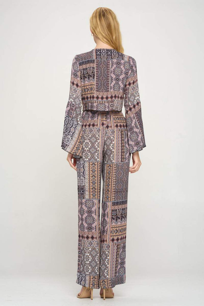 Boho Chic Bell Sleeve Crop Top and Wide Leg Pant Set