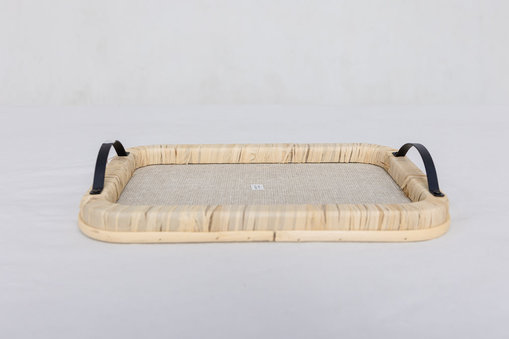 Raffia Wrapped Serving Tray with Metal Handles Boho Coffee Table Decor