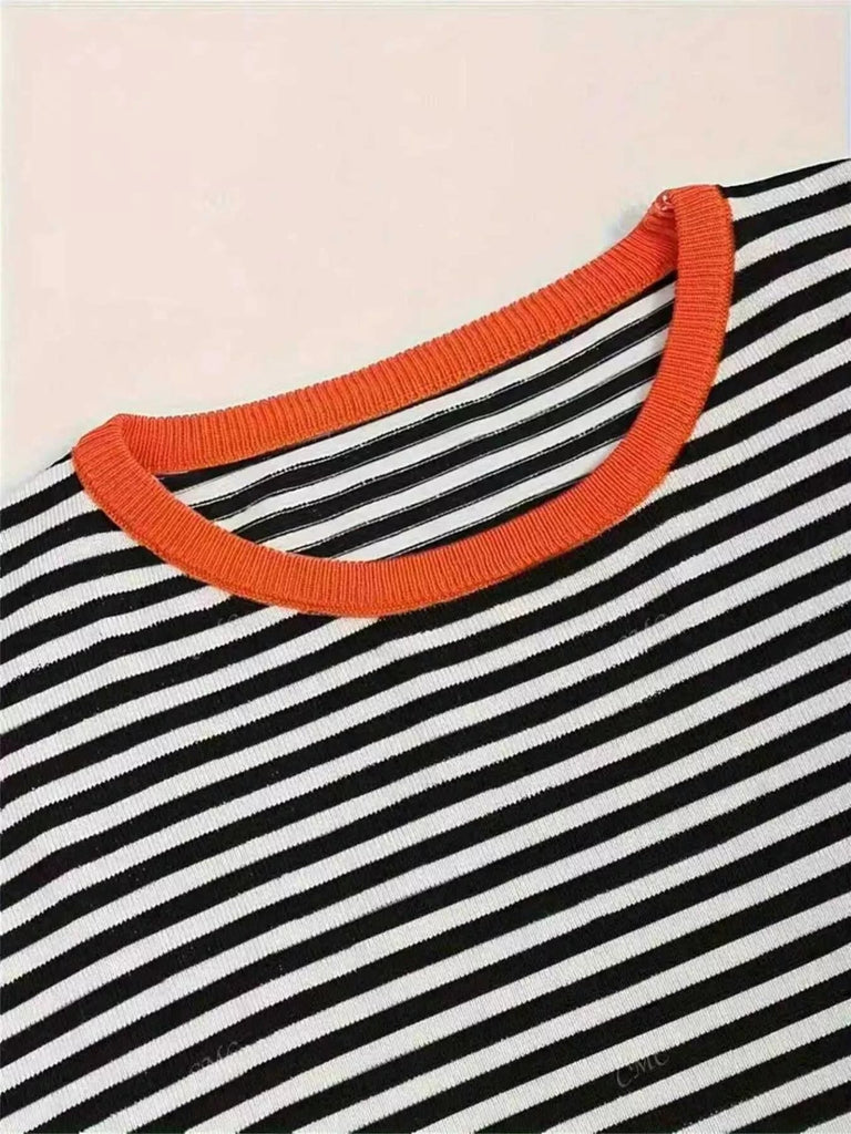 Plus Size Contrast Striped Long Sleeve Sweater