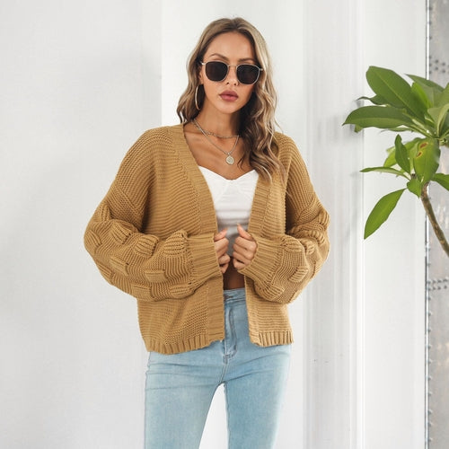 Puff Sleeve Cardigan Sweater - Women Clothes Front Chunky Knitwear