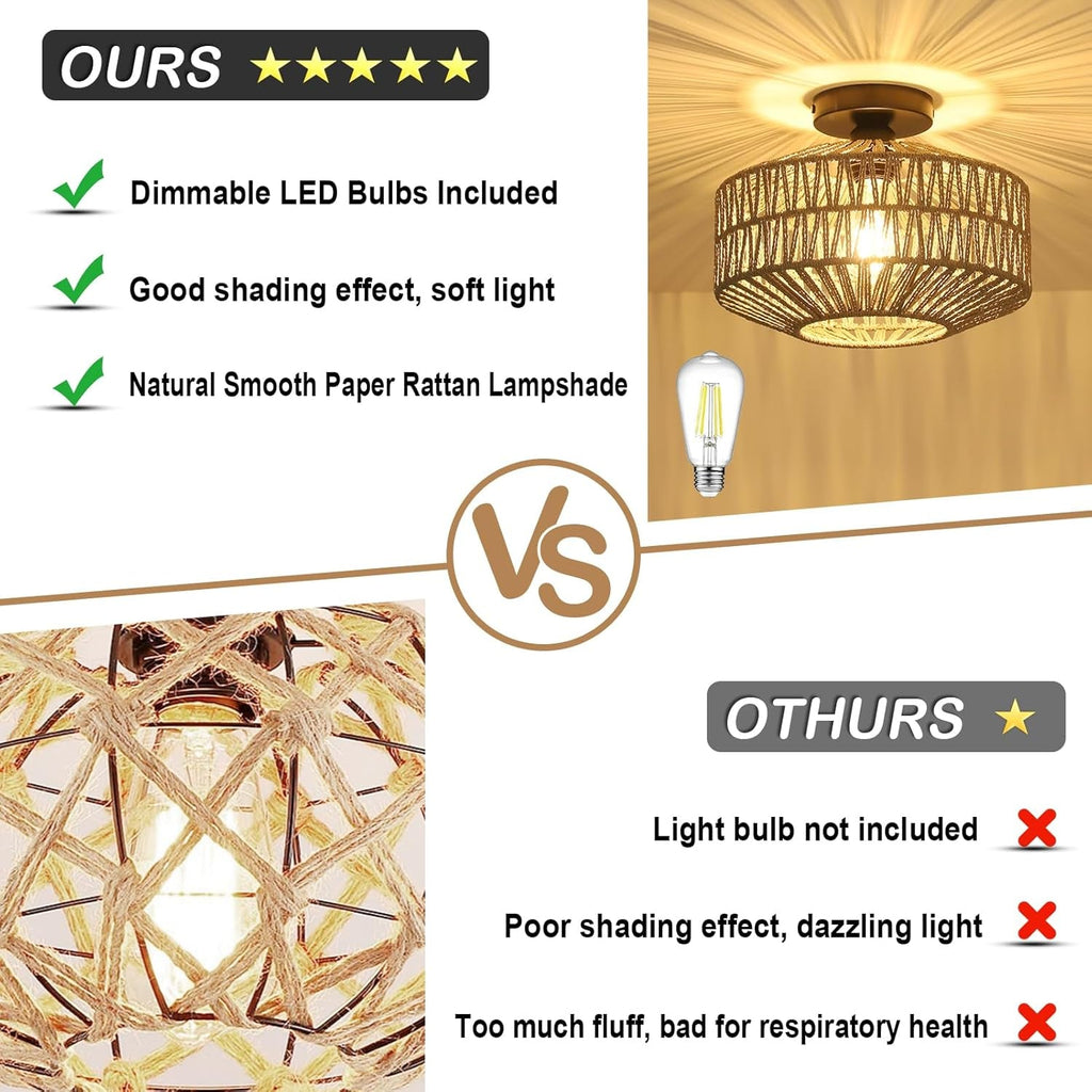 Boho Rattan Grey Ceiling Light Fixture Dimmable LED Bulbs