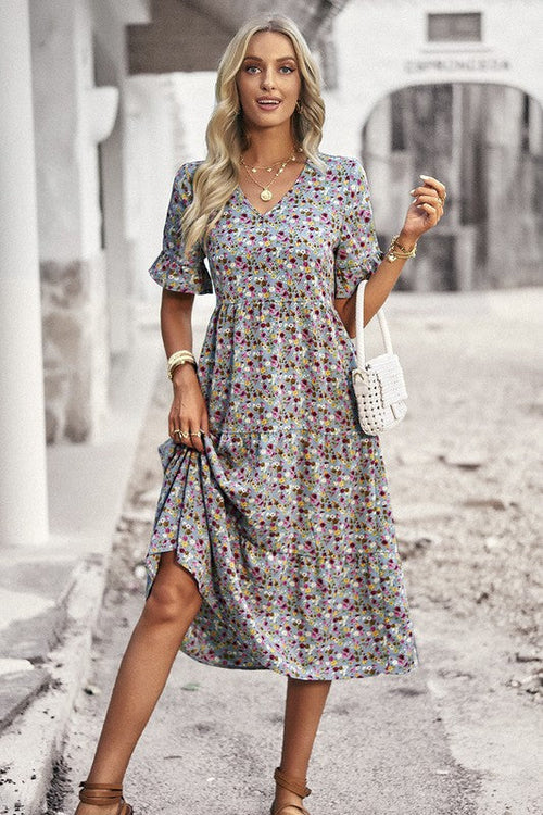 Boho Floral Ruffle Hem V Neck Short Sleeve Dress