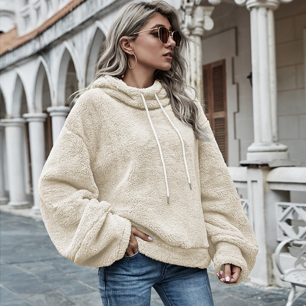 Hooded Solid Color Plush Loose Sweater - Women Sweater