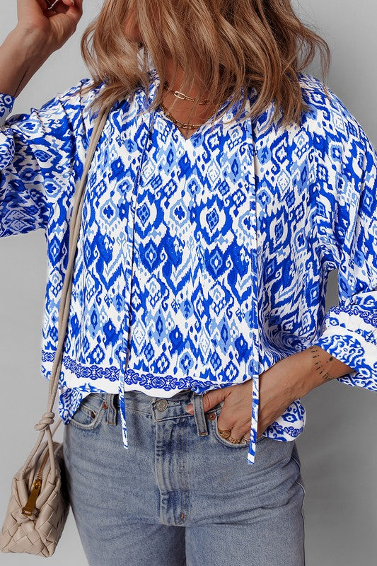 Women Boho Printed 3/4 Sleeve Tied Neck Blouse