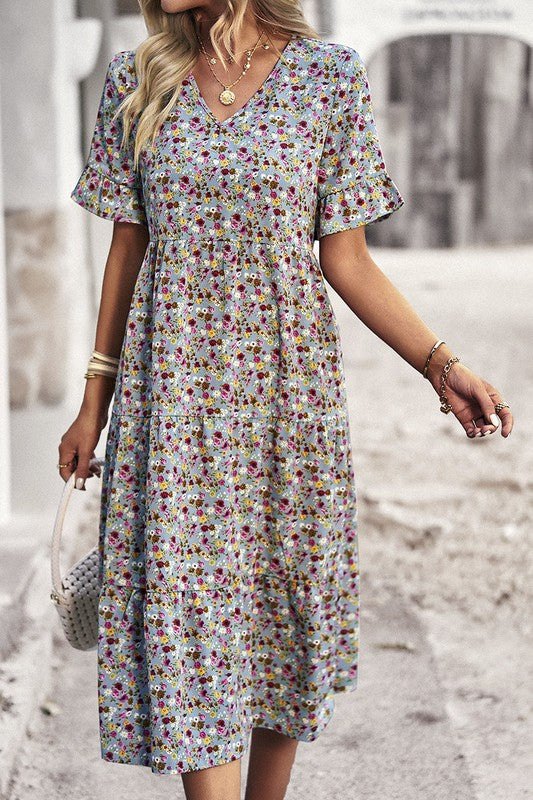 Boho Floral Ruffle Hem V Neck Short Sleeve Dress