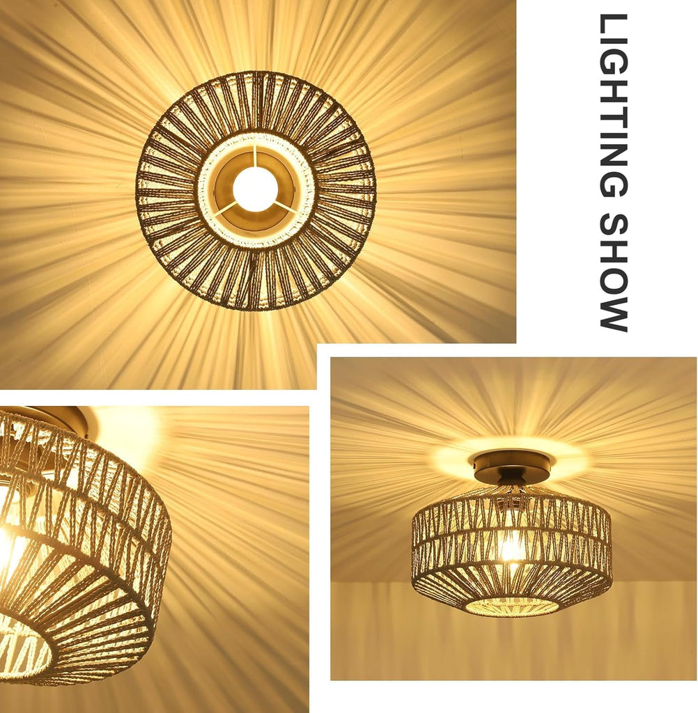 Boho Rattan Grey Ceiling Light Fixture Dimmable LED Bulbs