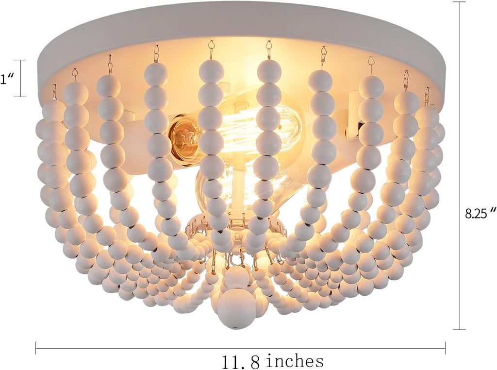 Two Light White Wood Beaded Boho Flush Mount Chandelier For Nursery