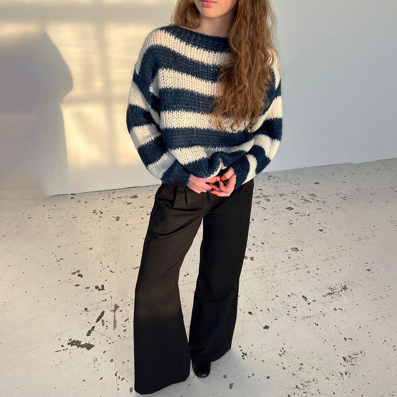 Loose Striped Pullover Sweater - Fashion Versatile Long-sleeved