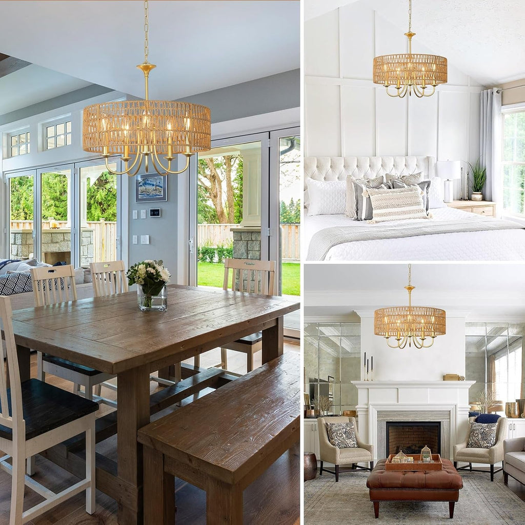 Gold 5 Light Rattan Boho Chandelier Pendant Lighting