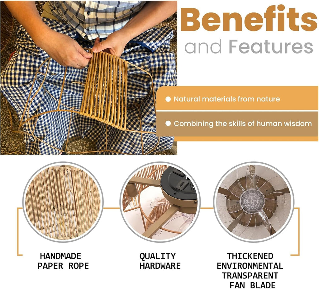 20 Inch Boho Rattan Ceiling Fan With Light And Remote