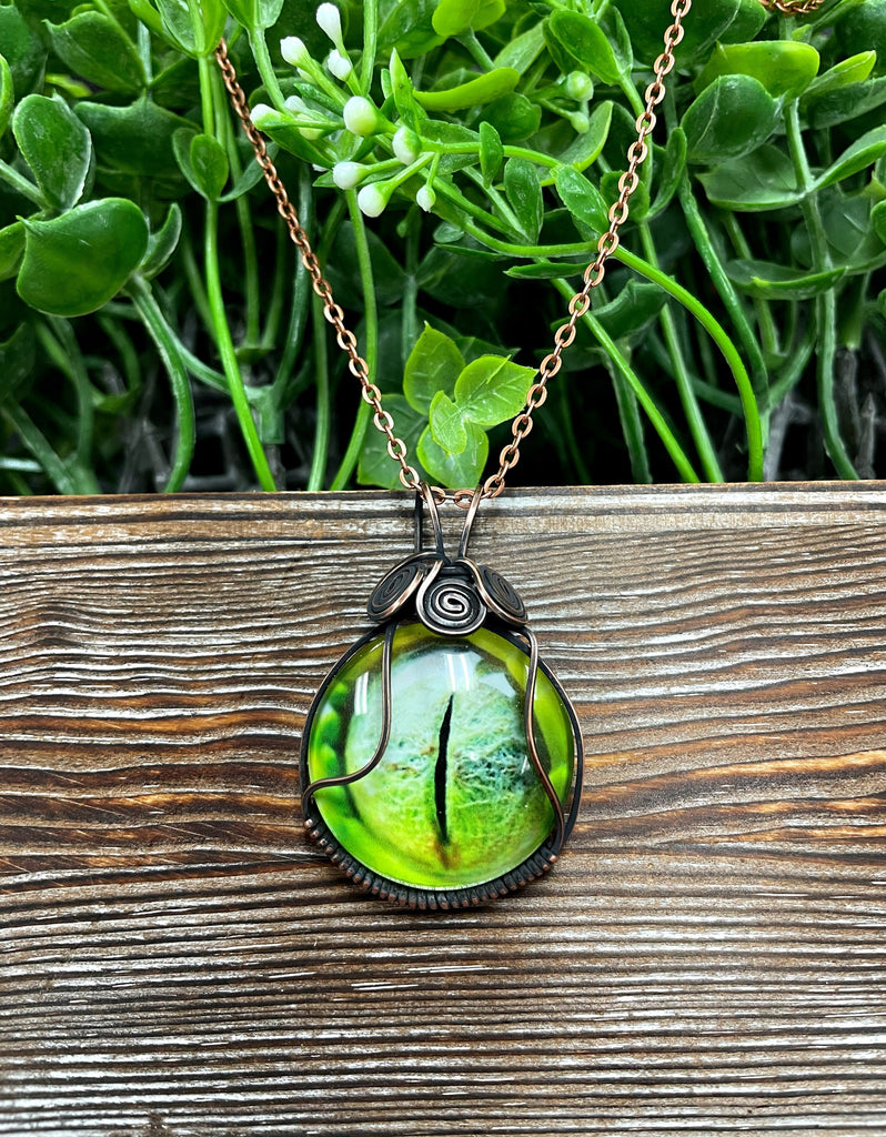 Wire Wrapped Green Reptile Eye Glass Cabochon Pendant
