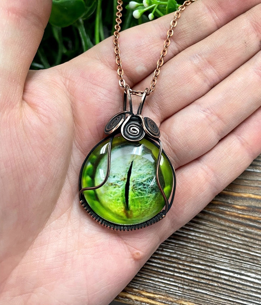 Wire Wrapped Green Reptile Eye Glass Cabochon Pendant