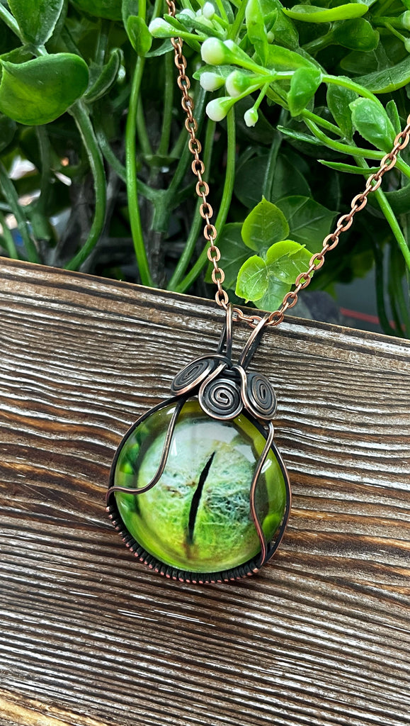 Wire Wrapped Green Reptile Eye Glass Cabochon Pendant