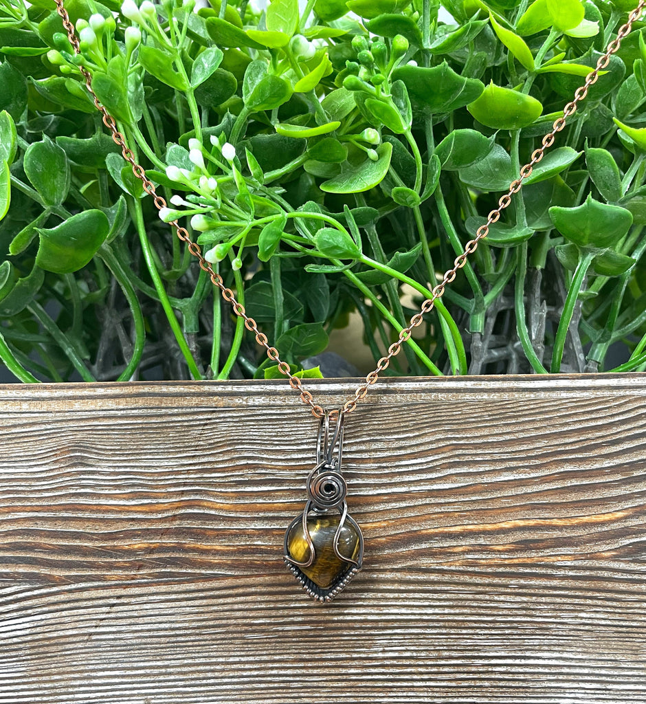 Small Tiger's Eye Gemstone Wire Wrapped Pendant Heart Shaped
