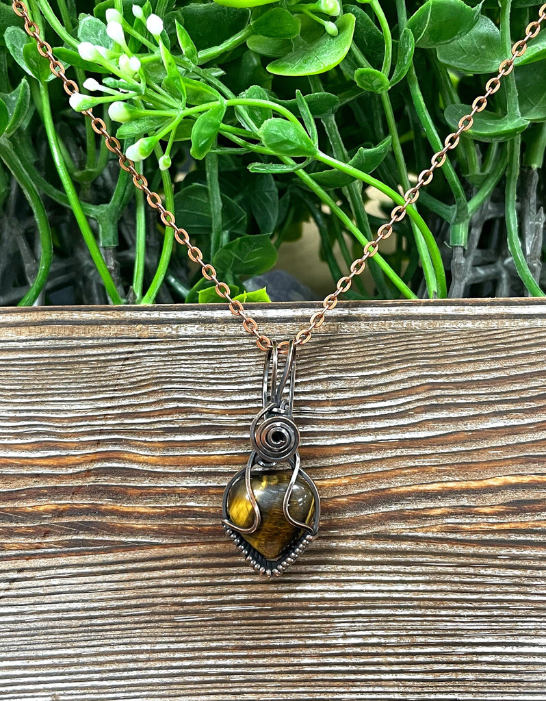 Small Tiger's Eye Gemstone Wire Wrapped Pendant Heart Shaped
