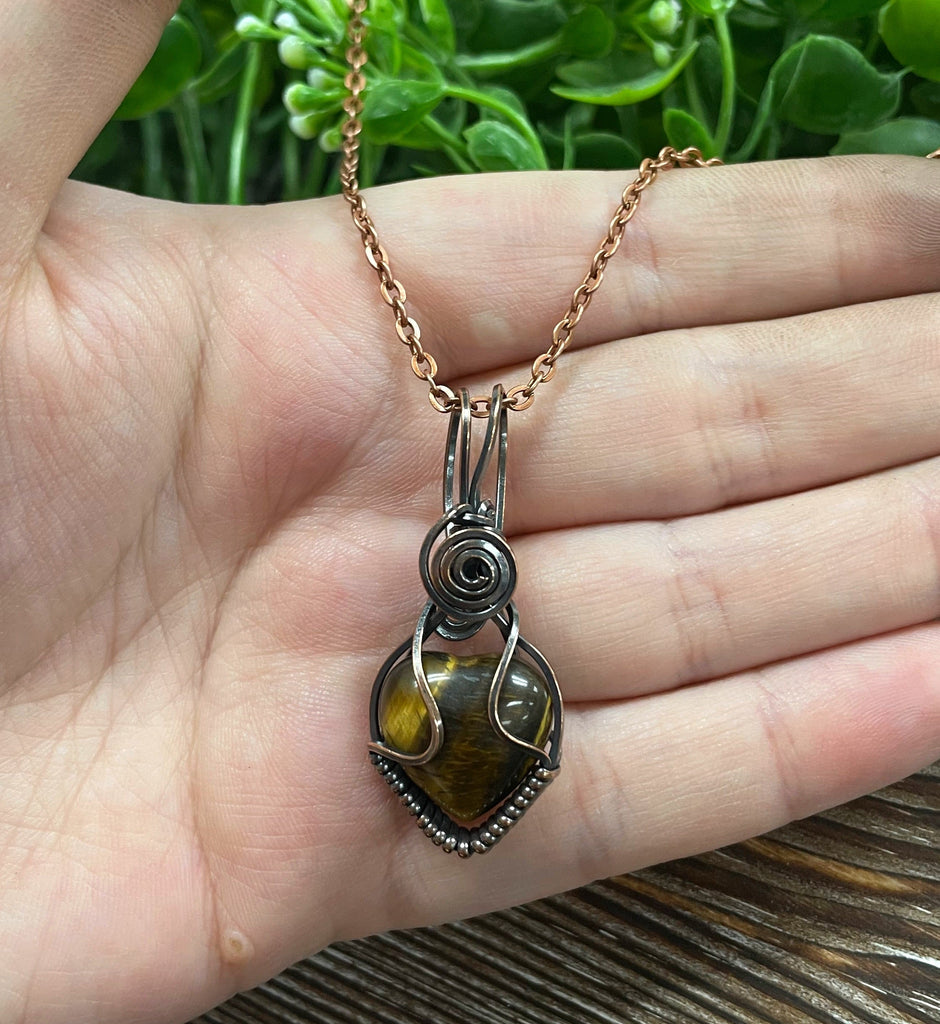 Small Tiger's Eye Gemstone Wire Wrapped Pendant Heart Shaped