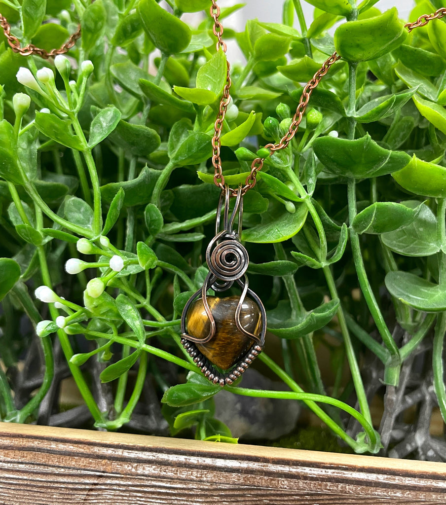 Small Tiger's Eye Gemstone Wire Wrapped Pendant Heart Shaped