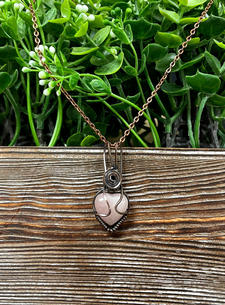 Small Pink Rose Quartz Gemstone Wire Wrapped Pendant Heart Shaped