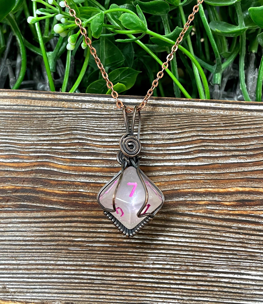 Pink Wire Wrapped D10 Dice Pendant