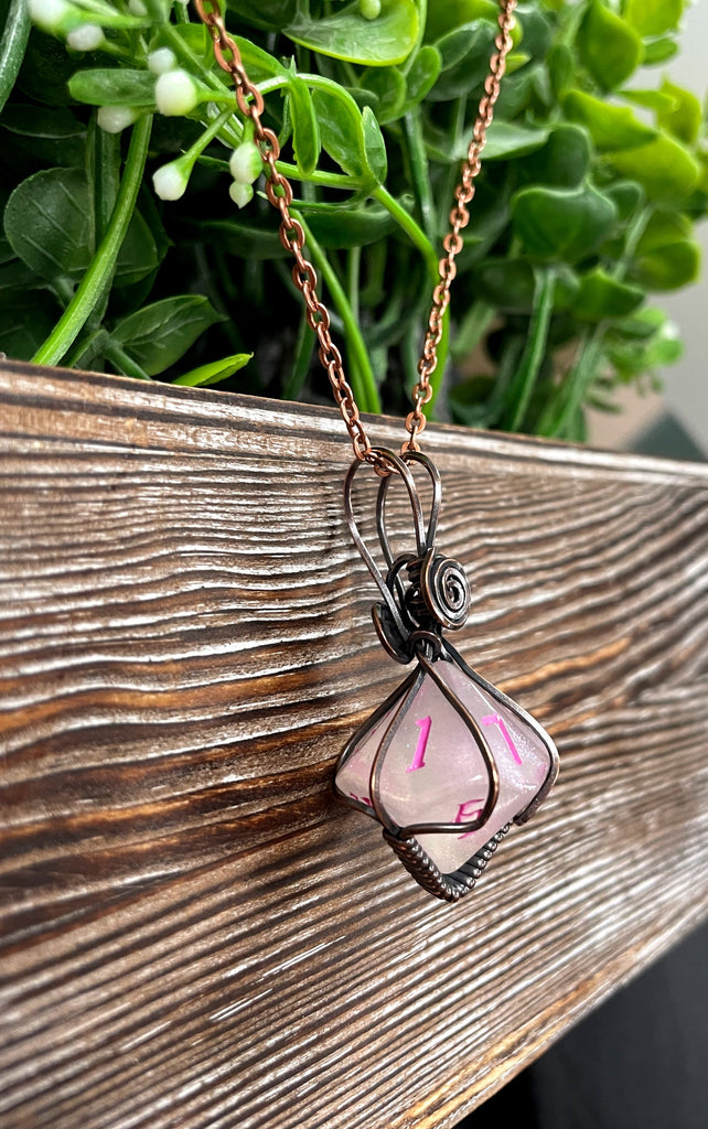 Pink Wire Wrapped D10 Dice Pendant