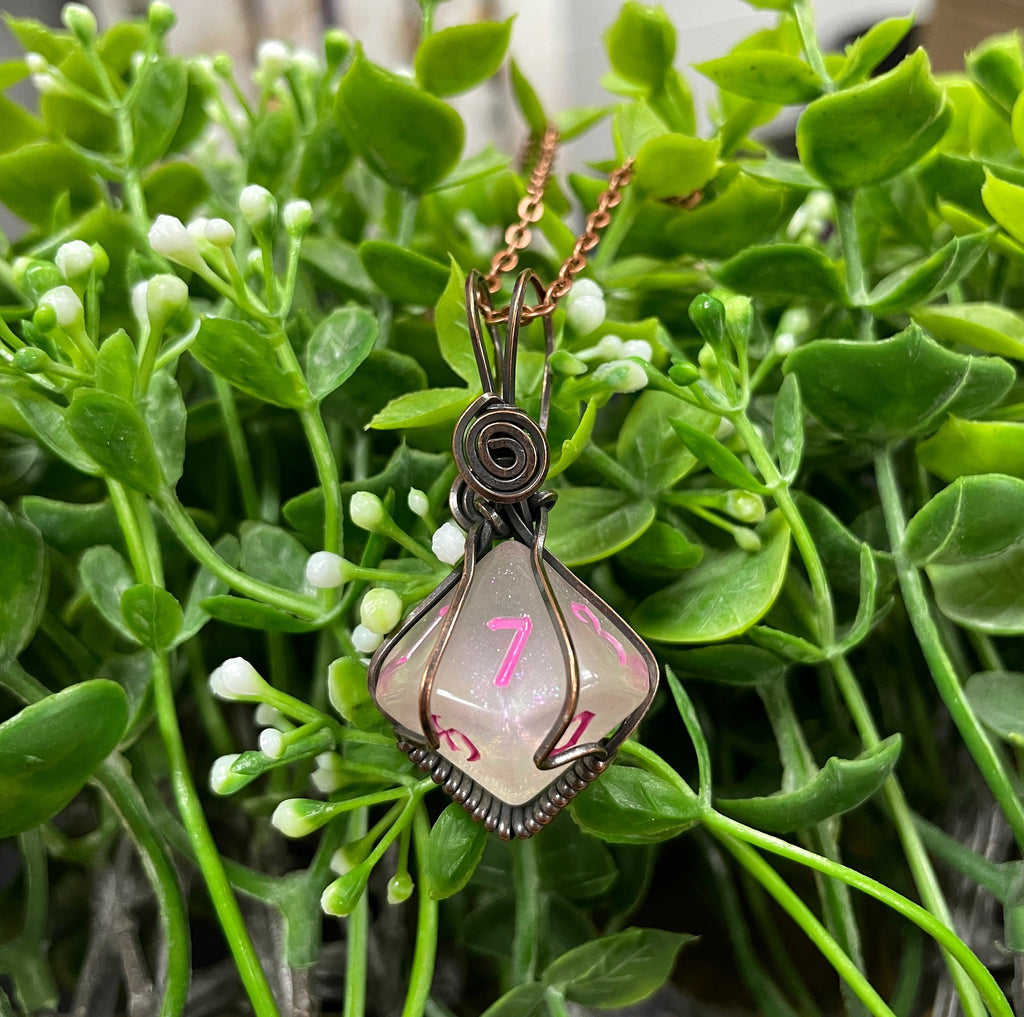 Pink Wire Wrapped D10 Dice Pendant