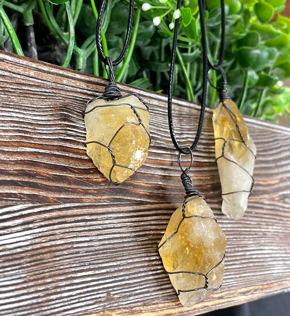 Wire Wrapped Rough Citrine Crystal Gemstone Chunk Pendant