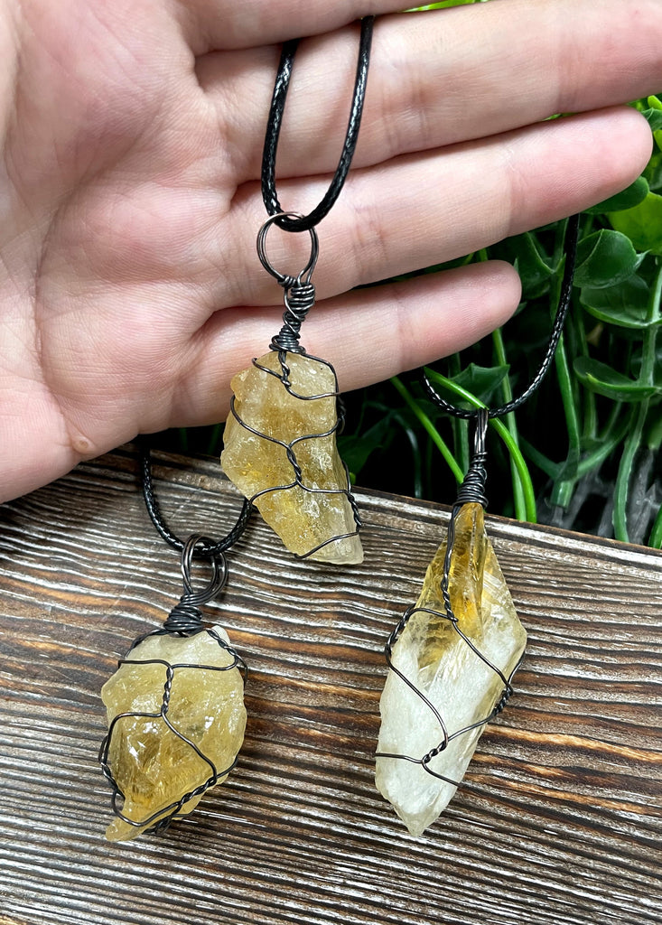 Wire Wrapped Rough Citrine Crystal Gemstone Chunk Pendant