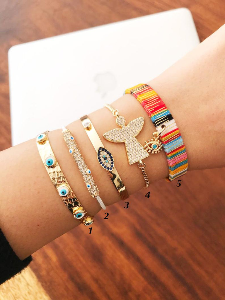 Gold Evil Eye Bracelet Set, Bangle Bracelet, Adjustable Bohemian