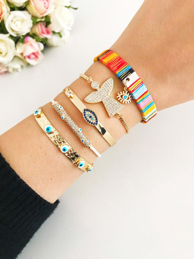 Gold Evil Eye Bracelet Set, Bangle Bracelet, Adjustable Bohemian