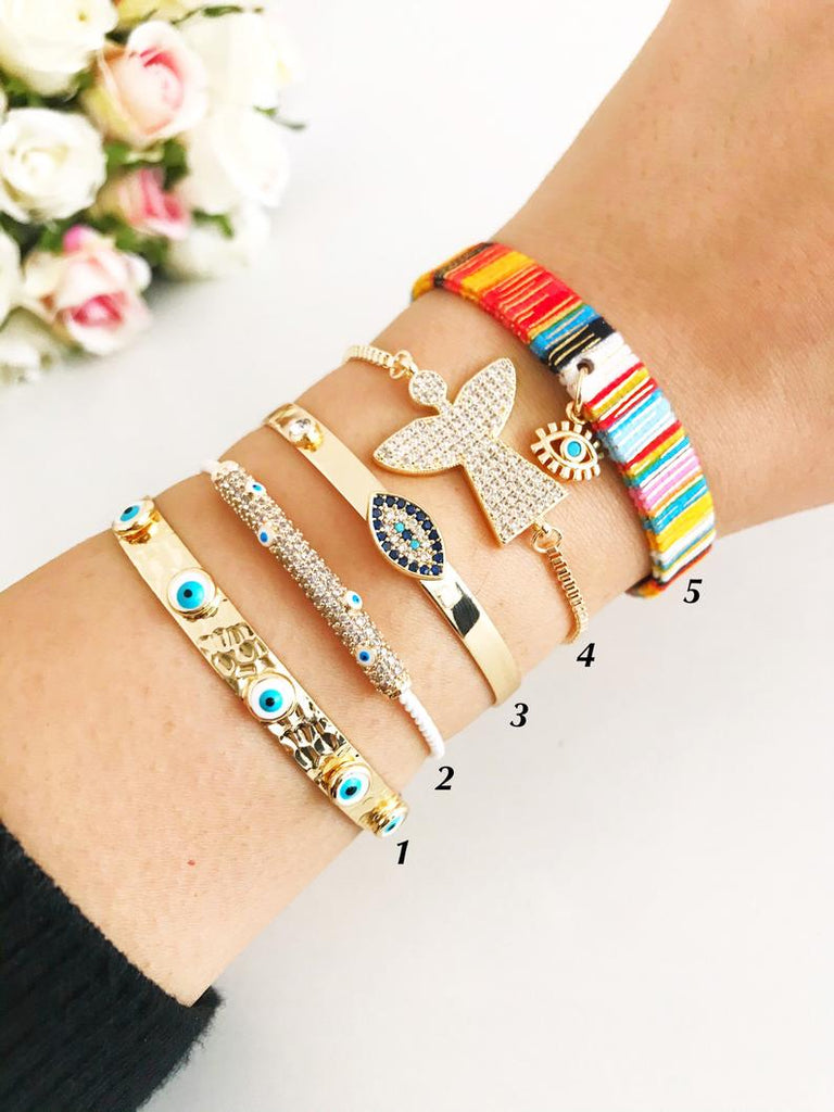 Gold Evil Eye Bracelet Set, Bangle Bracelet, Adjustable Bohemian