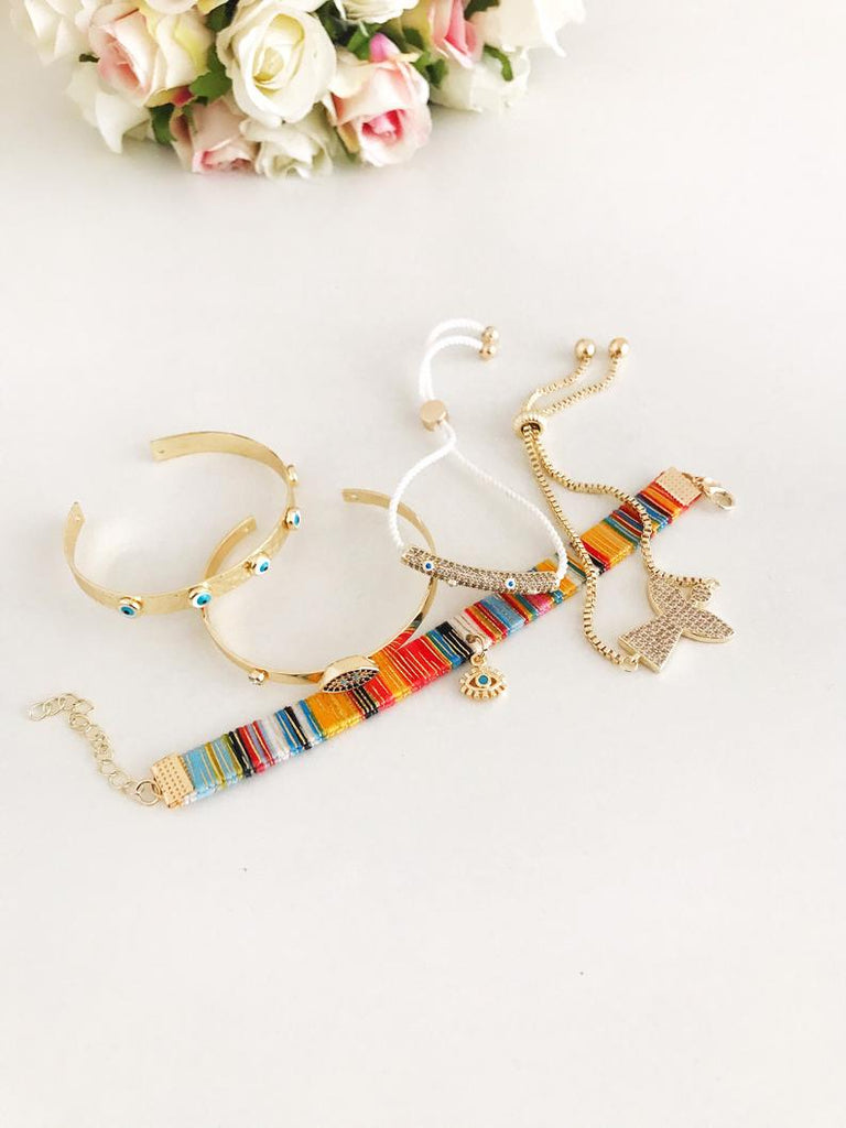 Gold Evil Eye Bracelet Set, Bangle Bracelet, Adjustable Bohemian
