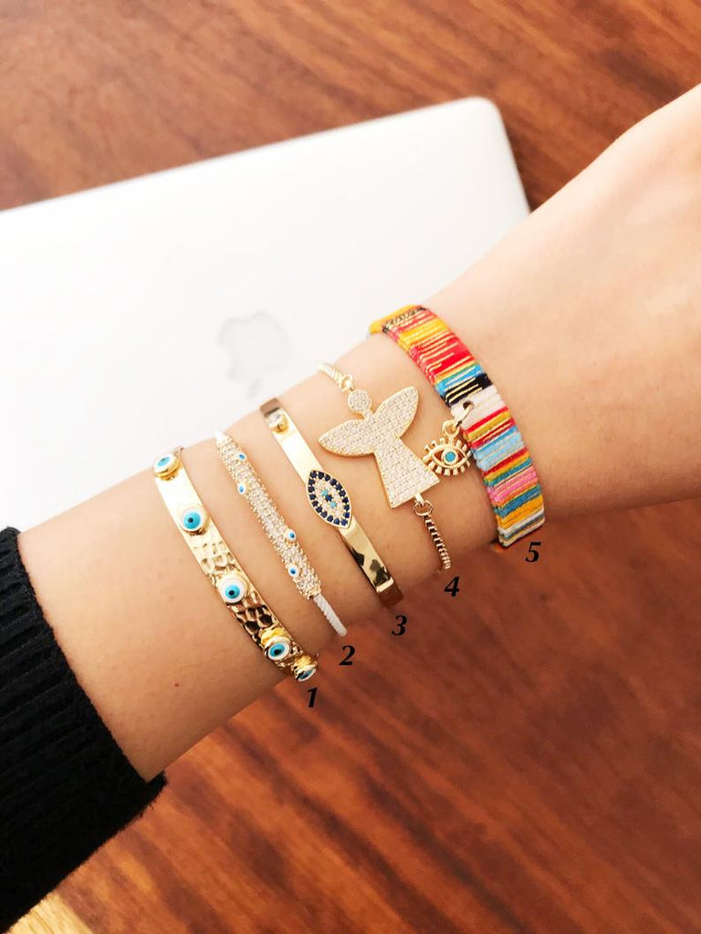 Gold Evil Eye Bracelet Set, Bangle Bracelet, Adjustable Bohemian