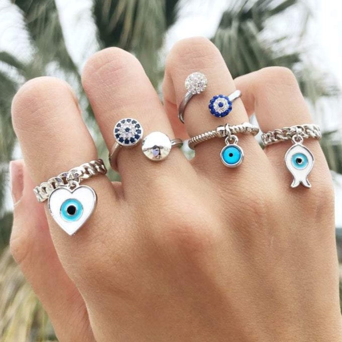 Adjustable Evil Eye Rings, Silver Rings, Zircon Charm Ring, Blue Evil