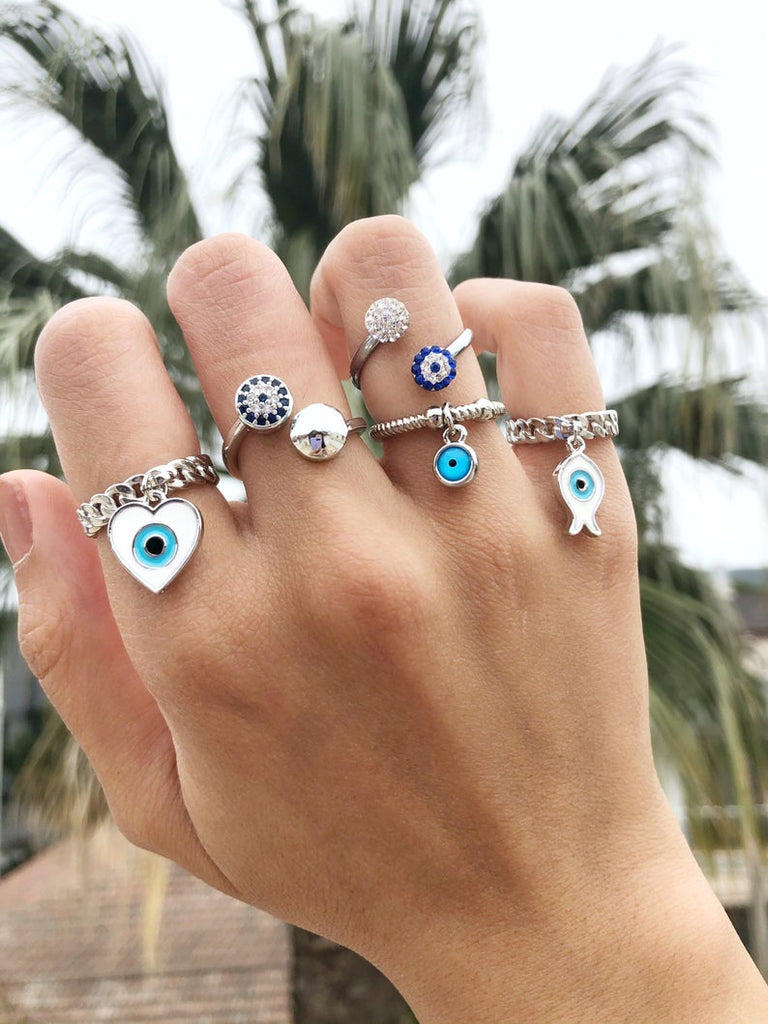 Adjustable Evil Eye Rings, Silver Rings, Zircon Charm Ring, Blue Evil